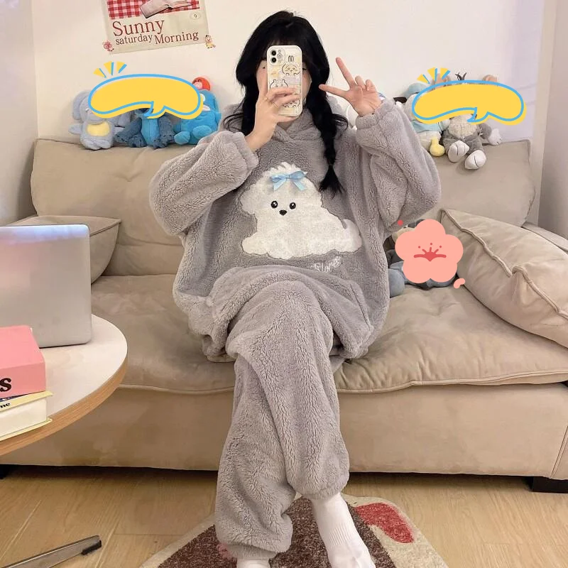 

Women's pajamas Comfortable Sleepwear Cotton Pajama Set winter autumn High Quality Teen Coral Fleece Thick Flannel Home Suit