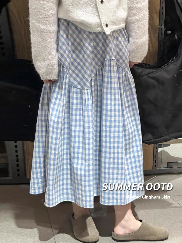 

Большие размеры, синяя клетчатая юбка-миди трапециевидной формы, корейская лоскутная юбка с высокой талией, женская мода, свободная посадка с высокой талией и принтом