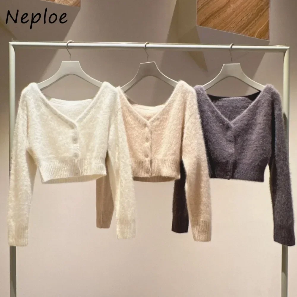 Neploe Literary V Neck Sweet All-match Jumper Single Breasted Gentle Fluffy Warm Feminine Cardigan Japan New Knit Coat Sweater