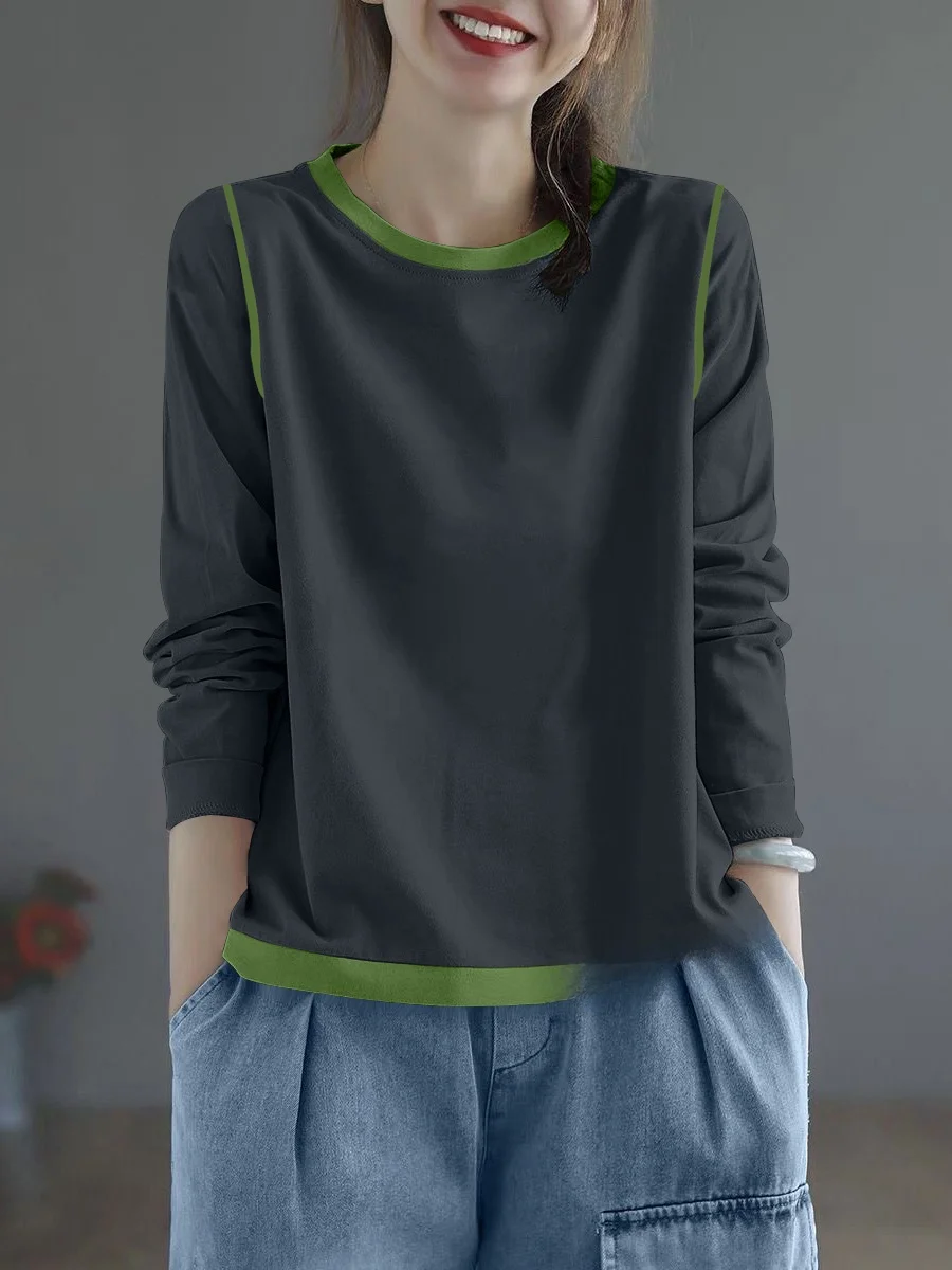 Doppelseitiger FCE-Langarm-Base-Top für Damen, Modischer Farbblock-Design, Warmer Rundhals-Pullover für Herbst und Winter