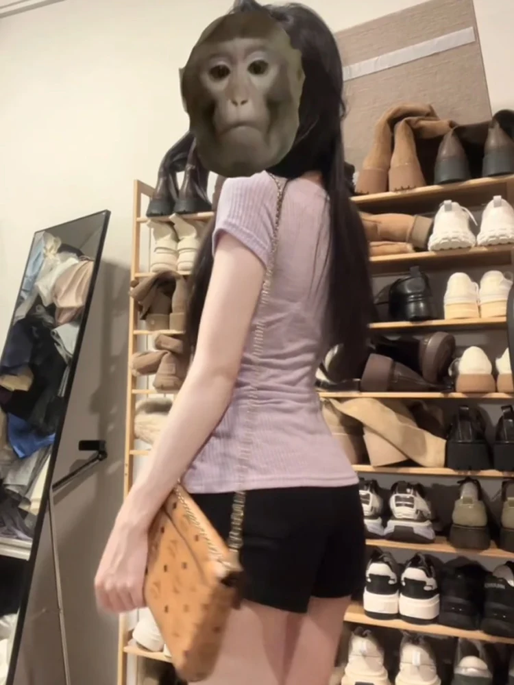 الكورية Sle الرغبة النقية الأرجواني ort Sve V-ne تي شيرت المرأة التخسيس الخصر مقصوص الصيف Faionable