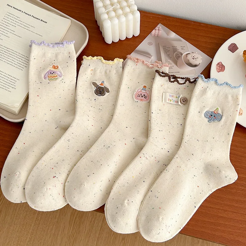 

New Autumn Fashion Women Socks Cartoon Embroidery Japanese Kawaii Cute Socks Women Girls Cat Dog Rabbit Lolita Ruffle Socks Gift