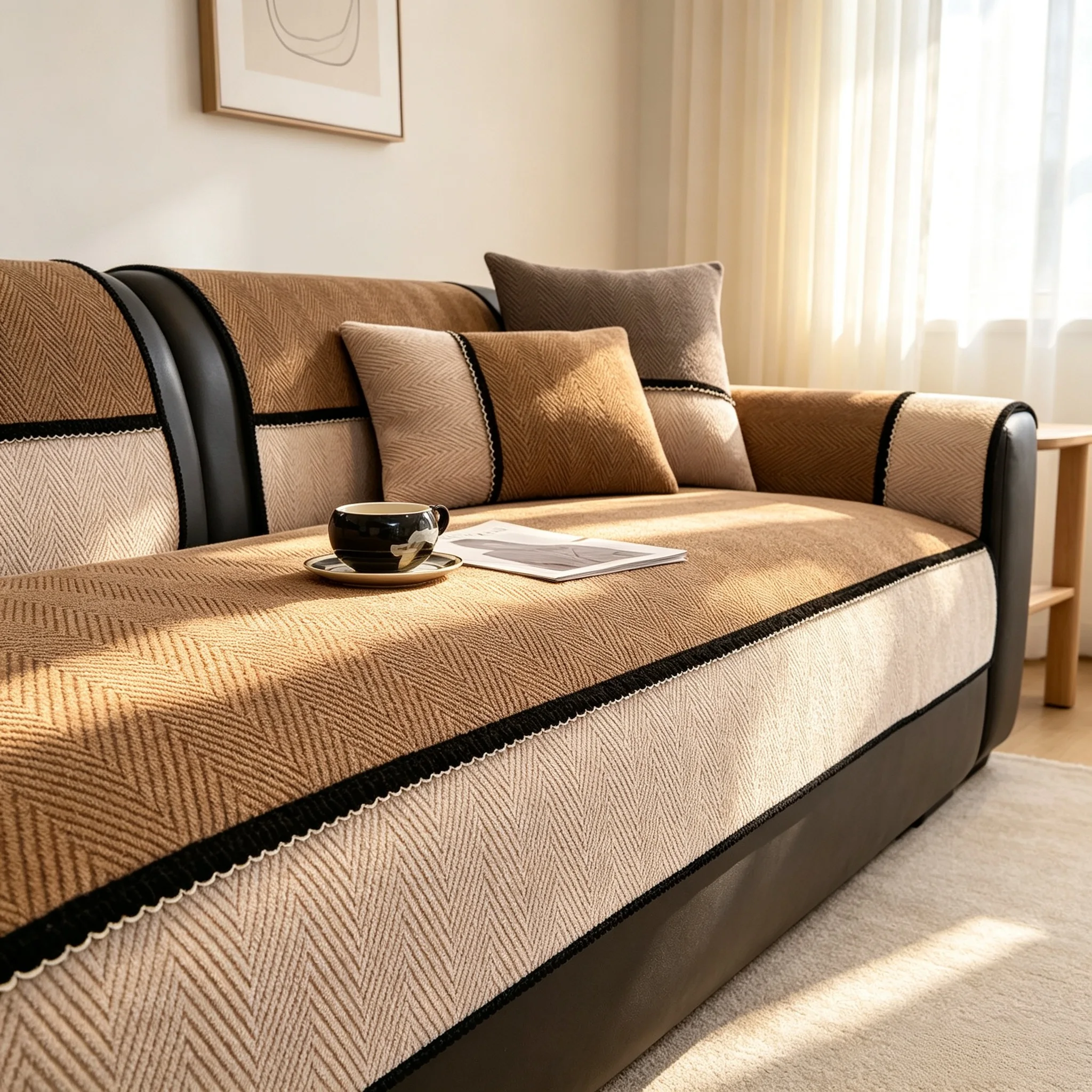 Herribone Chenille Non-Slip Sofa Cover, for Living Room Renovation Decorative All Seasons Machine Washable Sofa Towel Slipcover