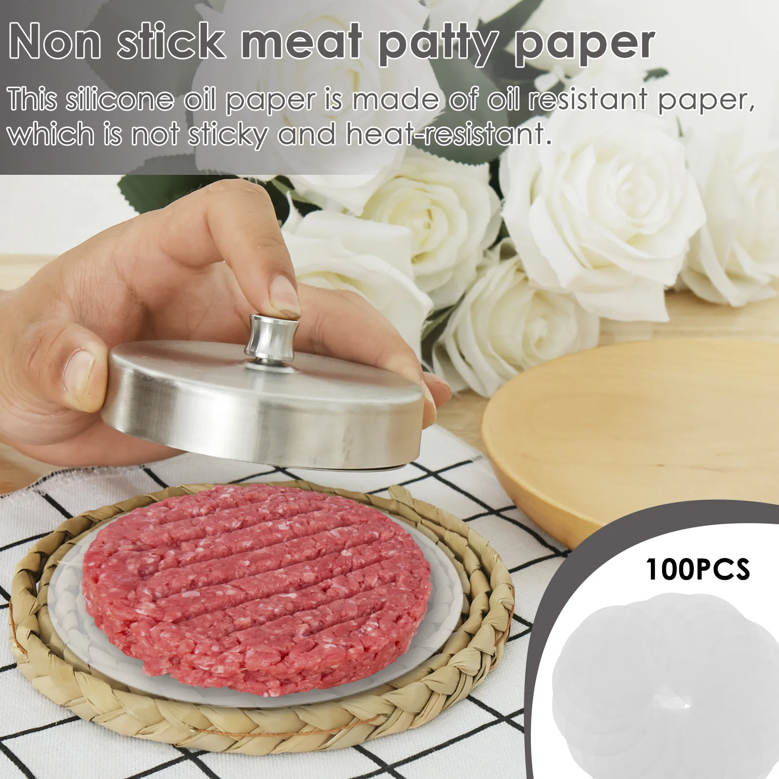 Burger Press with 100 Patty Papers Stainless Steel Hamburger Patty Maker Adjustable Thickness Burger Press Patty Maker Non Stick