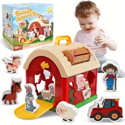 Big Red Take-Along Sorting Barn Toy with Handle, 12M+,10 Farm Play Pieces , Shape Sorting & Stacking Learning Gift for Toddler