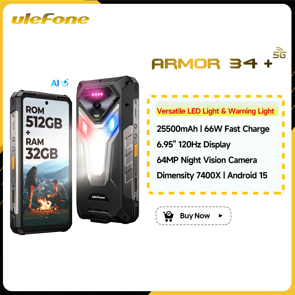 Ulefone Armor 34+ 5G Rugged Phone Smartphone Android 15 25500mAh 66W Up to 32GB+512GB 6.95