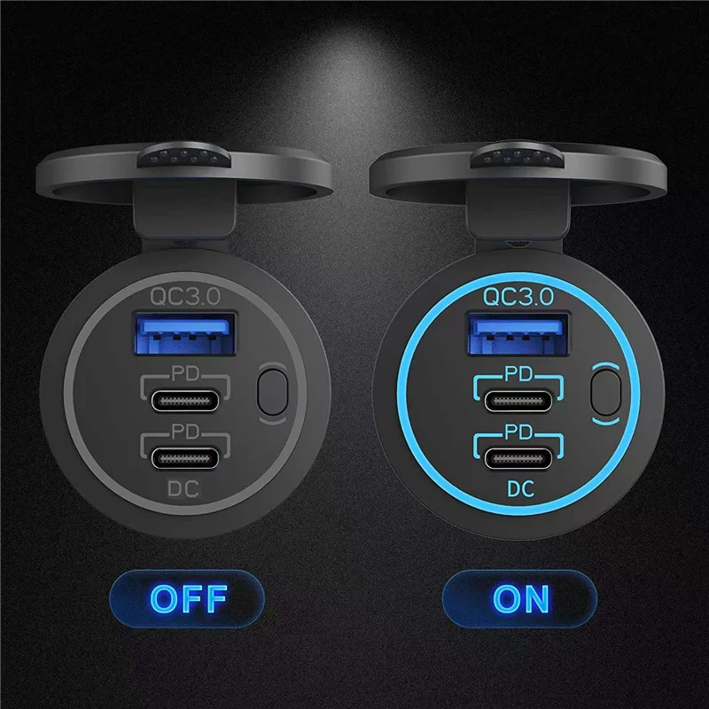 Dual PD USB-C Car USB Port Socket With Power Switch Black For Car Boat RV Marine ATV