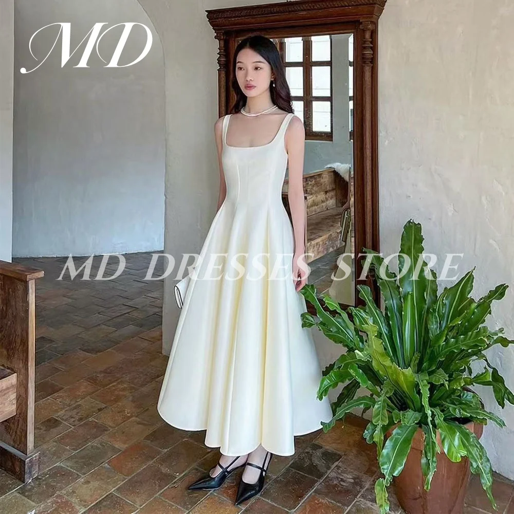 

MD 2025 Simple White Wedding Dresses Pleat Spaghetti Strap A-line Korea Photo shoot For Bridal Gowns Square Collar Customized
