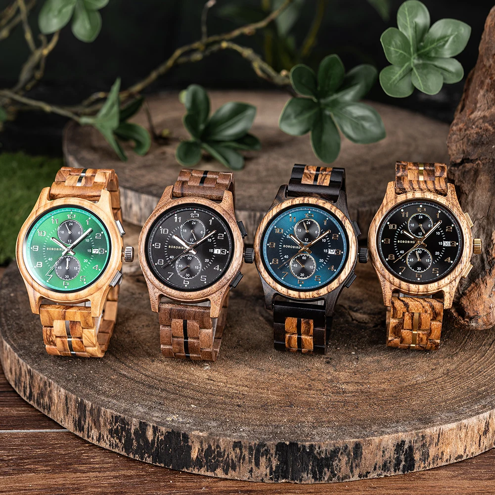 BOBO BIRD Men Watches 44mm Luxury Quartz Watch Lightweight Wooden Case and Straps Watches for Casual Support Customize Gift Box