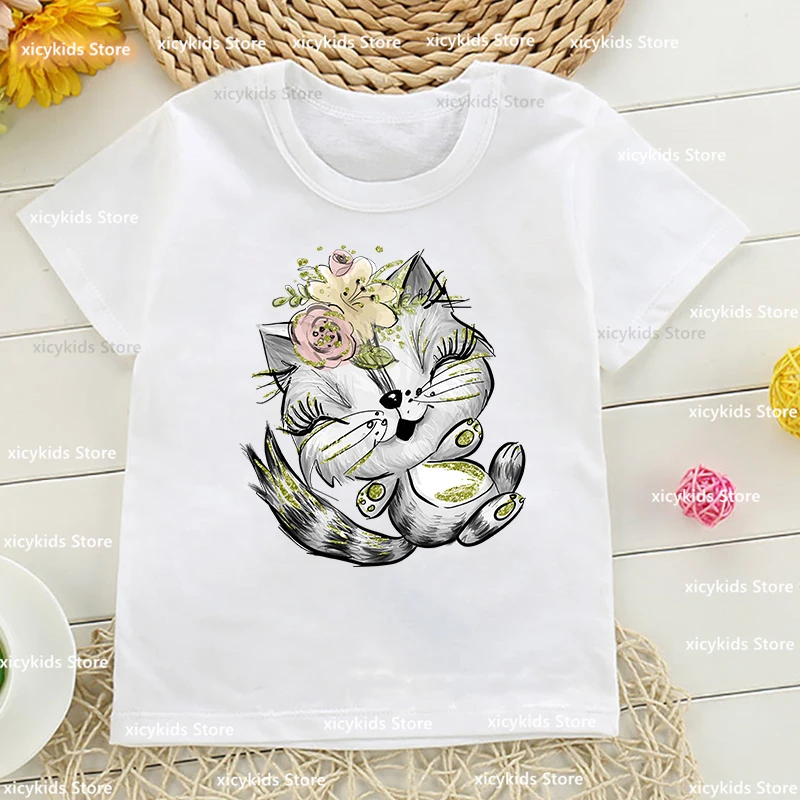 

2023 New Girl's t-shirt Lovely Color cats Animal Print Children's tshirt Fashion High Quality Girl's Clothes Boys' t-shirt tops