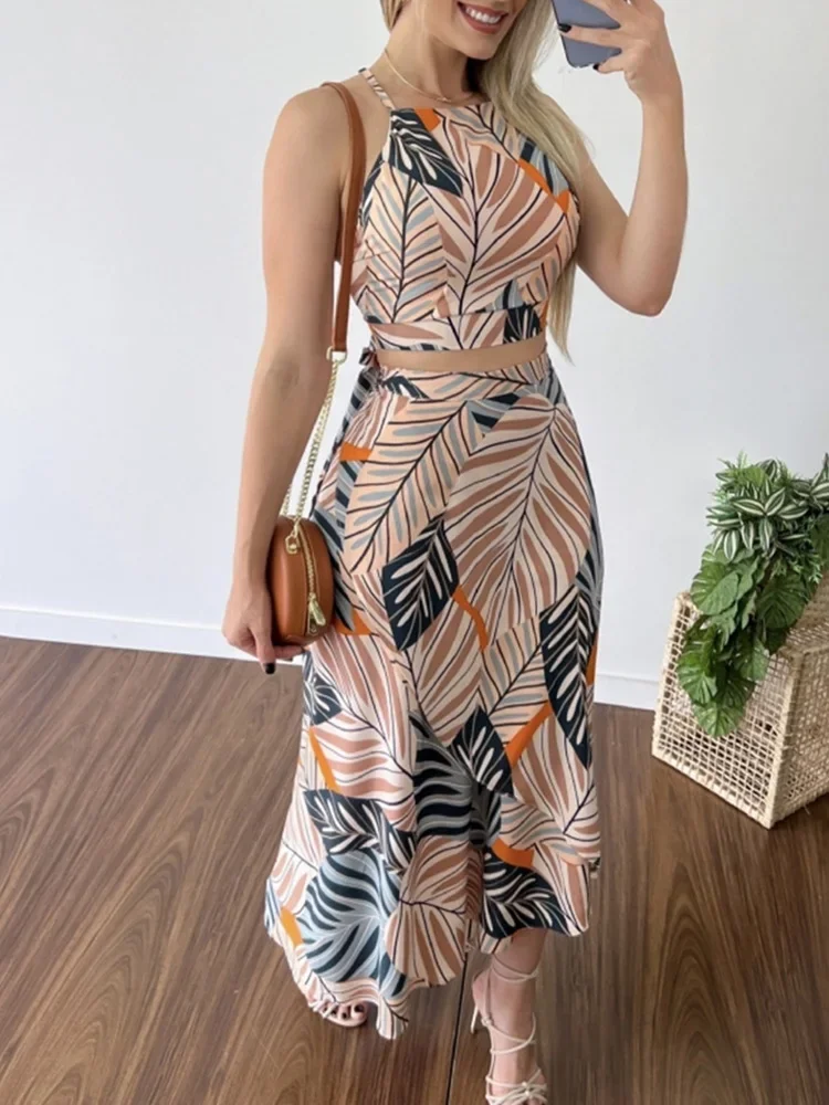 Tropical Print Spaghetti Strap Cami Tops & Maxi Skirts Set Summer Casual Women Two Piece Set