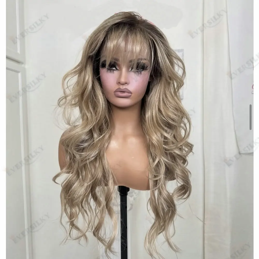 26 Zoll lockere, gewellte Damen-Perücken aus Echthaar mit vollem Spitzenansatz und Pony, dunkelbraune Wurzeln, Ombré-Aschblond, 13x6 Spitzenfront/5x5HD Spitzenperücken – Detail 3