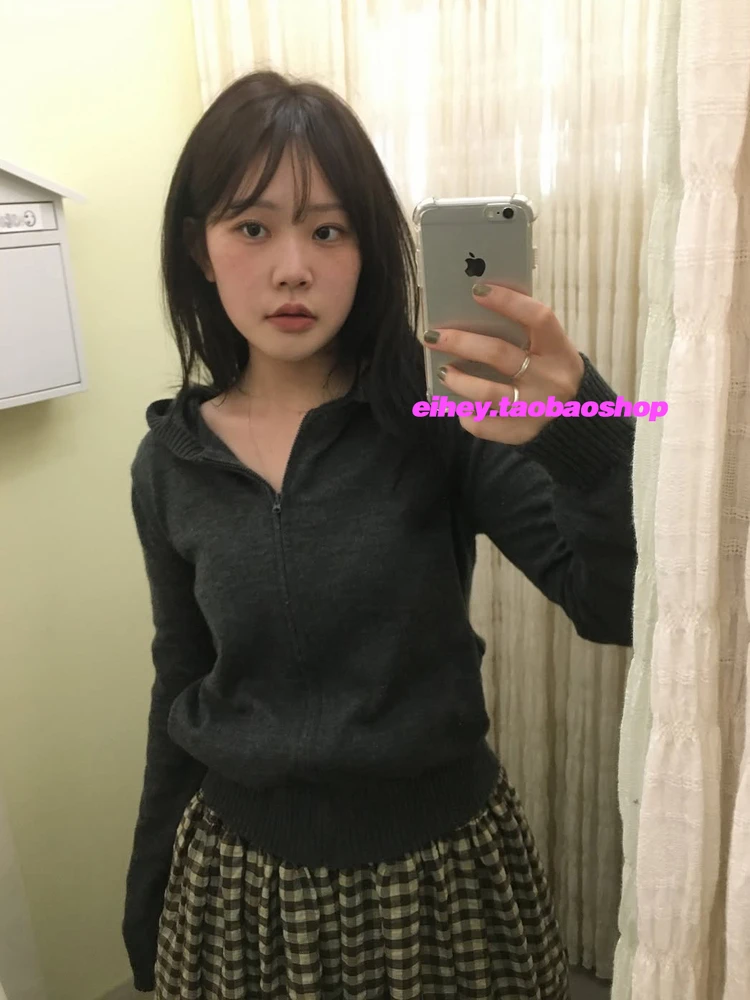 الخريف الشتاء خمر مخطط سترة مشغولة من الصوف معطف الكورية موضة سليم صالح كل مباراة زمم هوديي المرأة سترة Y2k #4