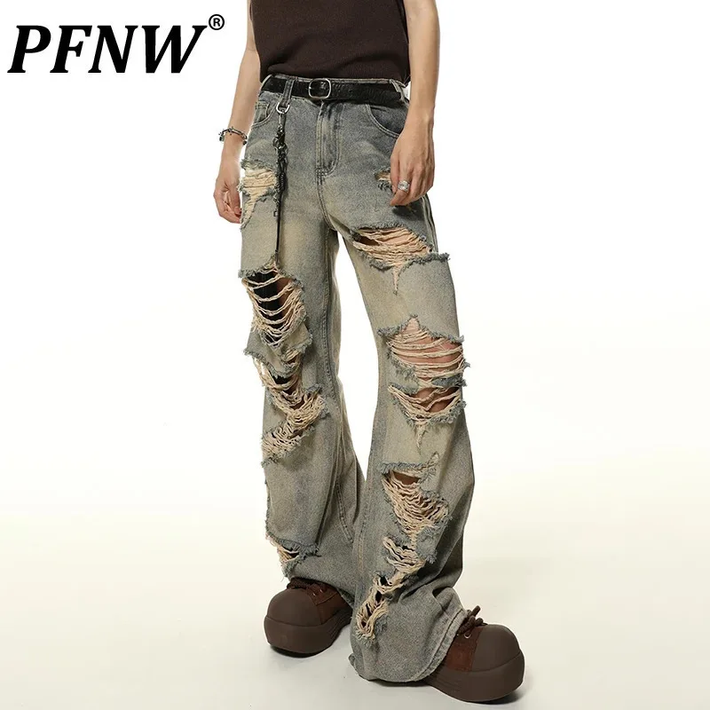 

PFNW Male Hole Denim New Worn-out Dirty Destroy Design Washed High Street Wide Leg Jeans Autumn 2024 Chic Trendy 28W3996