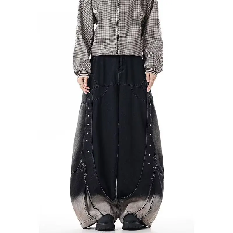 Korean Retro Distressed Patchwork Fringed Rivet Jeans Men'S Casual Loose Wide Leg Straight Leg Pants Curved Knife Pants