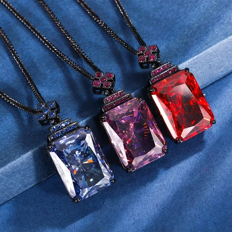 

Luxury Square Cut Blue Gem Pendant Necklace for Women Black Chain with Sapphire Accents Perfect for Weddings Statement Jewelry