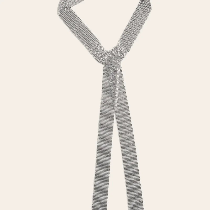 Damen Glänzender Strass-Kettenmail-Schal-Choker – Langer Halswickel für Party, Nachtclub, Rave, Festival – Silbernes Statement-Accessoire – Detail 7