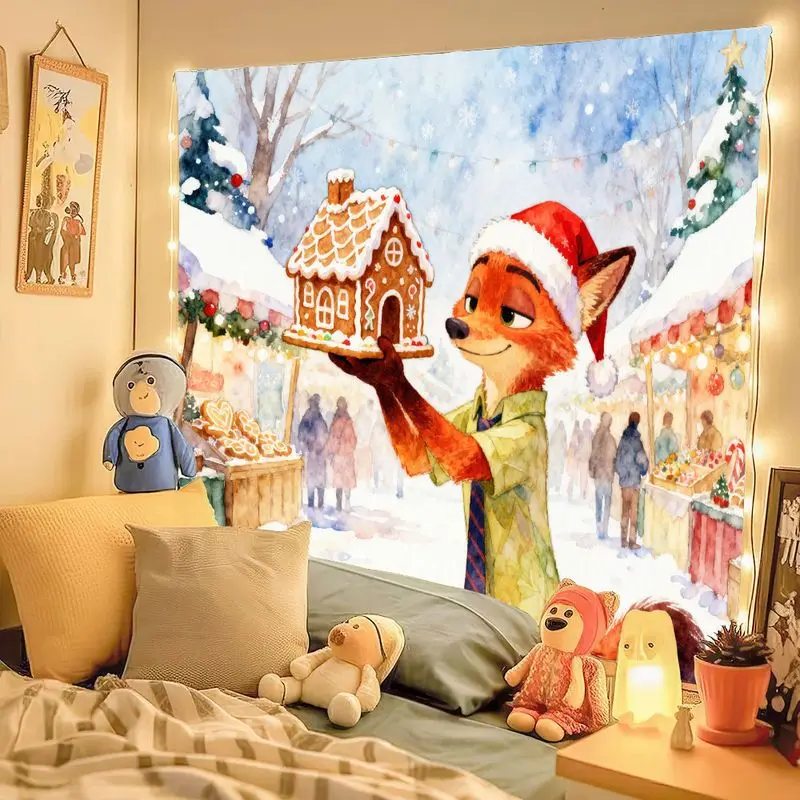 1PC ニック・ワイルド ズートピア クリスマスタペストリー、サンタ帽子をかぶったキツネがジンジャーブレッドハウスを抱いている、クリスマスホリデーマーケットウォールアートデコレーション