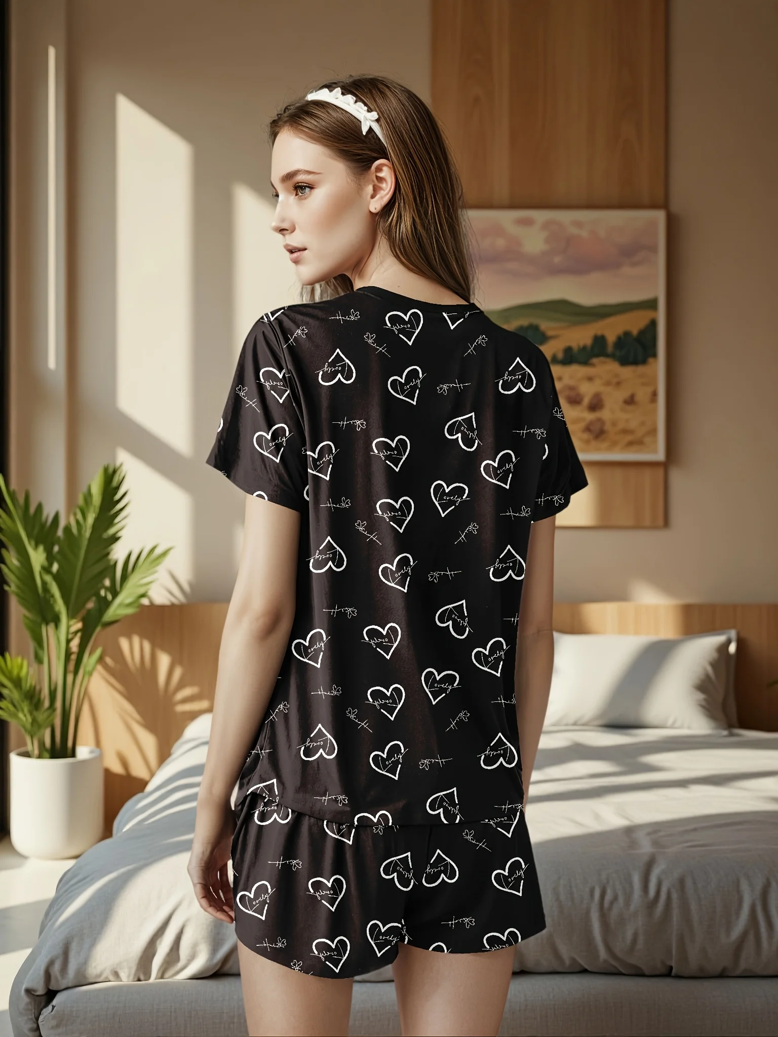 Women's pajama set with heart-shaped prints, comfortable summer clothing