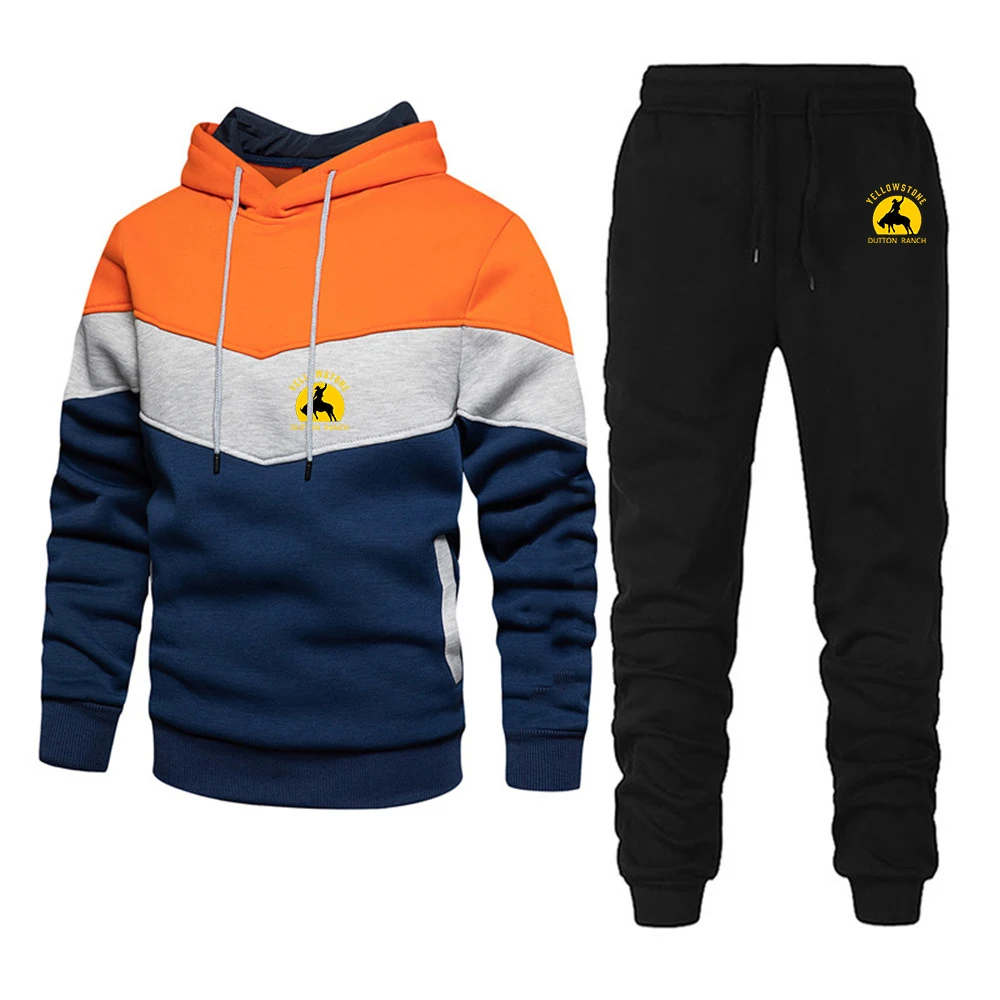 

2025 Spring Autumn Hot Yellowstone Dutton Print Personality Patchwork Cotton Set Men's Splicing Hoodies+Fashion Sweatpants Suits