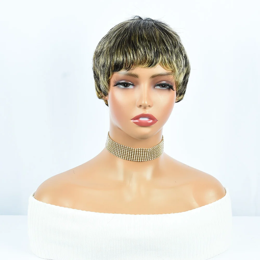 Wig potongan Pixie Highlight pendek wig rambut manusia musim panas ringan Omber P1B/27 wig tanpa lem mesin penuh dibuat obral