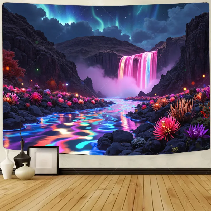 

1шт настенный гобелен "Гобелен с водопадом Авроры" - неоновые огни и цветочный фэнтезийный пейзаж"