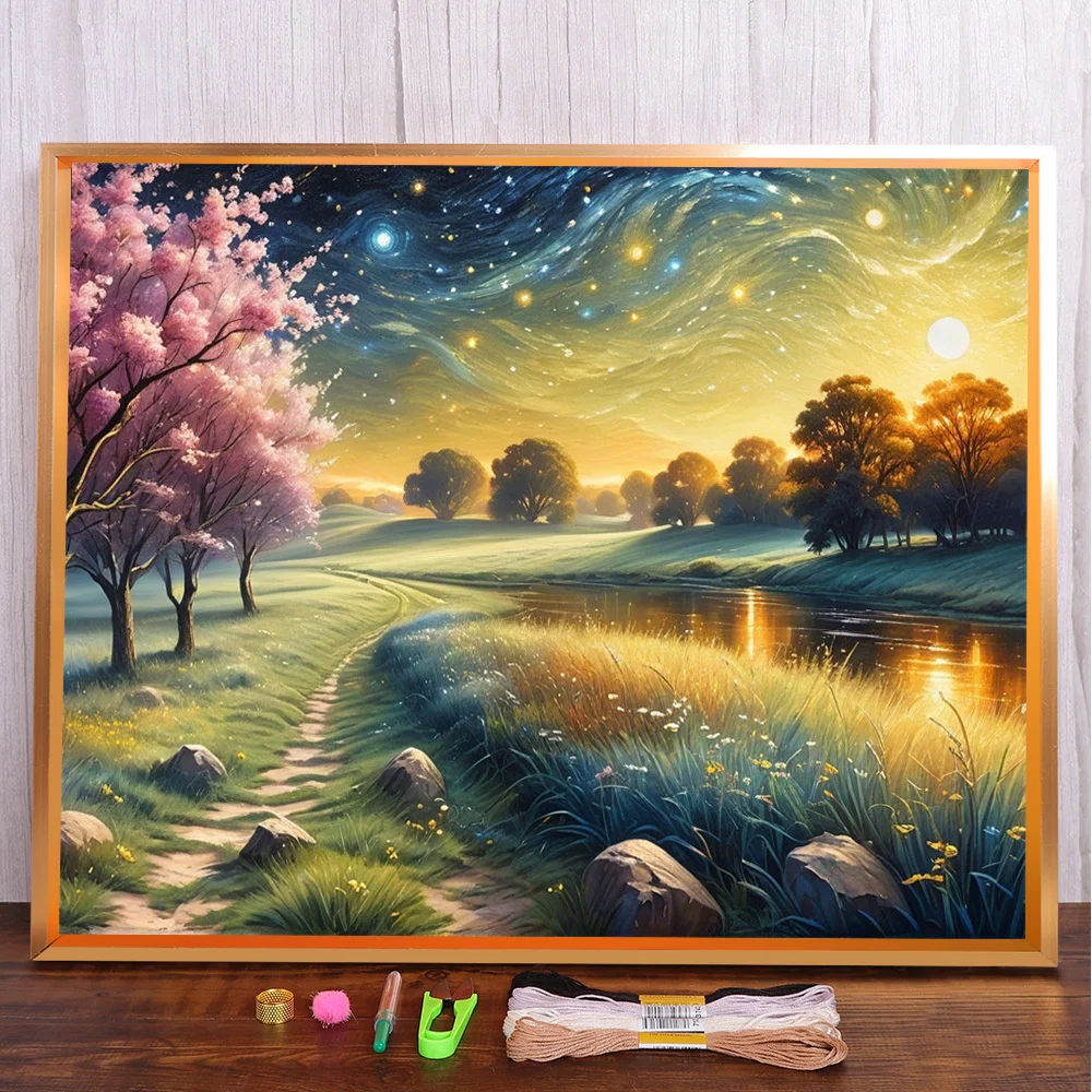 

Landscape River Printed Fabric Cross Stitch DIY Embroidery Complete Kit Knitting Handiwork Craft Needlework Sales Different Gift
