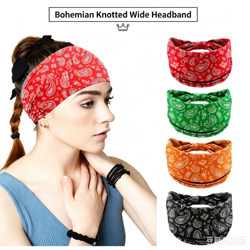 1Pc Wide Headband Paisley Print Hair Band Women Men Yoga Sports Running Sweat Absorbing Workout Gym Tennis Cycling Sweat Guard