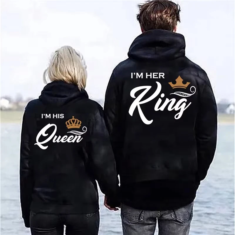 New Printing Her King or His Queen Lover Hoodies Harajuku Fashion Casual Womens Men Clothing Lovers Sweatshirt Couple Hoodies