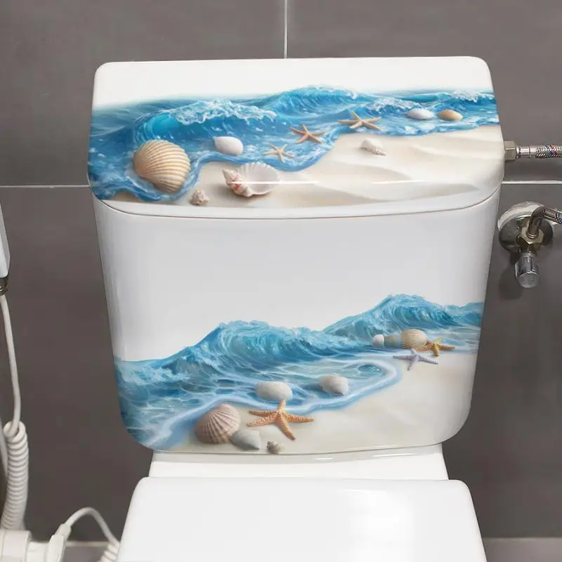 New！Ocean Wave Toilet Sticker Bathroom Realistic Beach Floor Decal Waterproof Anti-Slip Removable Bathtub Seashore Decoration