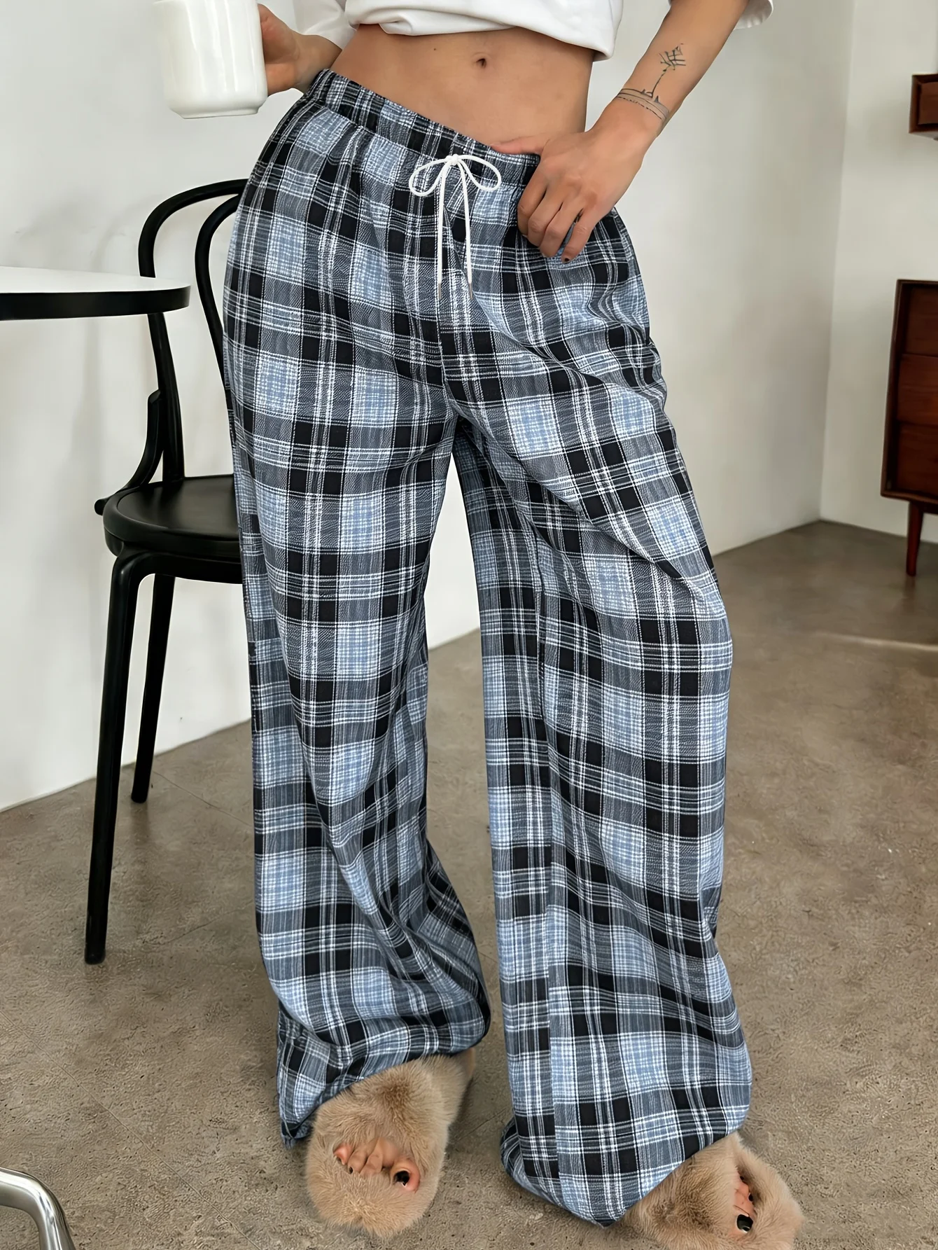 Men Women Straight Quick Dry Long Trousers 3D Vintage Blue Checkered Graphic Print Elastic Waist Lightweight Home Pants