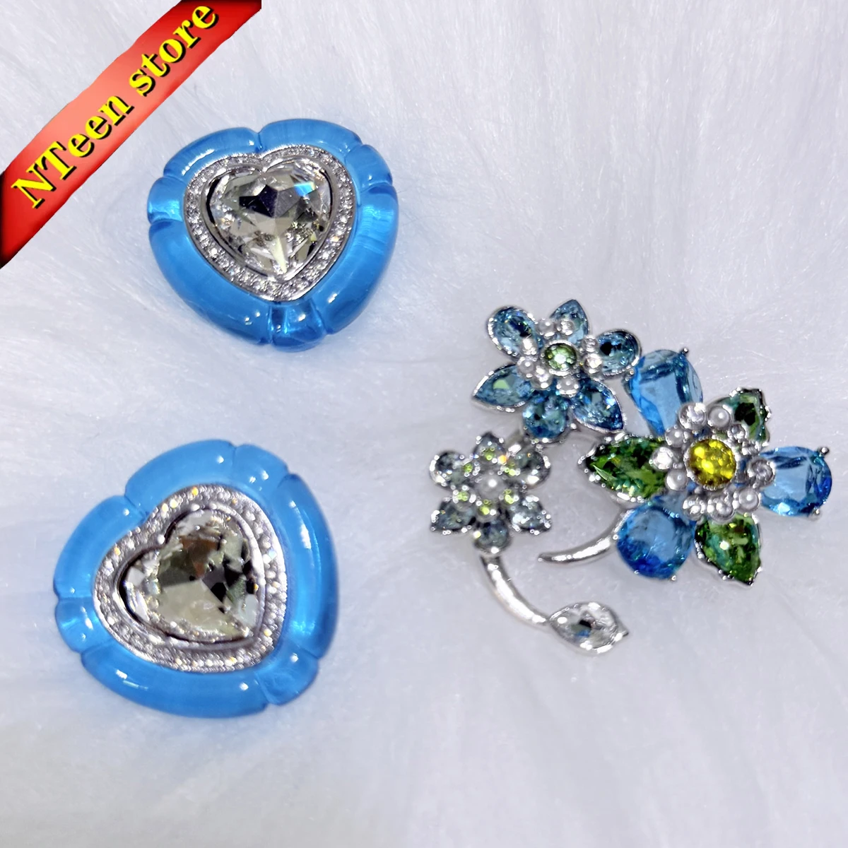 

2025 New Trend Anniversary Jewelry Set Charm Blue Pink Heart Shaped Crystal Luxury Necklace Earring Ring Romantic Gift for Women