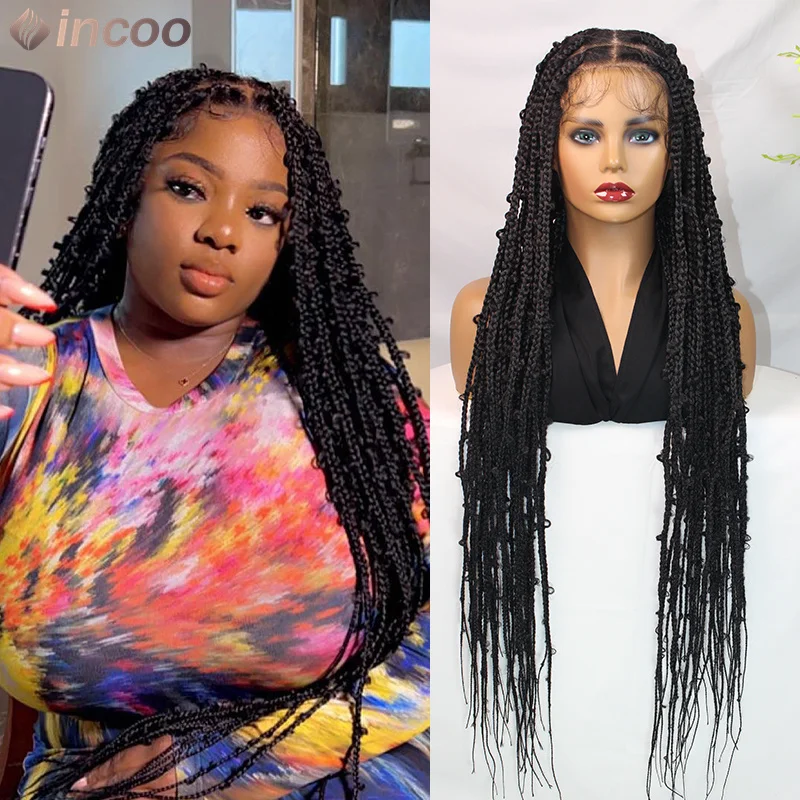 

36" Synthetic Lace Braided Black Wig Butterfly Braids Full Lace Wig Ready to go Glueless Bohemian Box Braids Lace Wig For Women