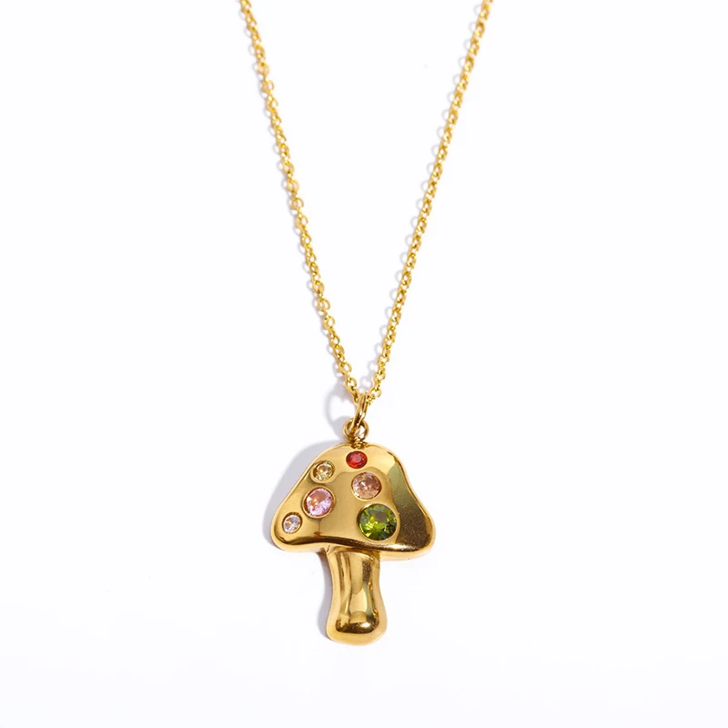 

Stylish 18K Gold Plated Stainless Steel Colorful Cubic Zirconia Mushroom Pendant Necklace for Women Waterproof Jewelry Gift