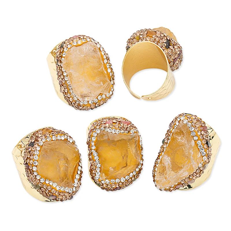 Micro Inlay Citrine Open Ring for Women Gold-color Handmade  Irregular Crystal Boho Finger Jewelry Resizable with Tourmaline