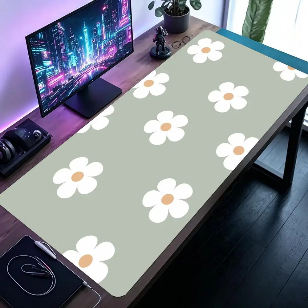 Green Daisy Flower Table Mat Non Slip Rubber Base Stitched Edges Mouse Pad For Fresh Office Decor