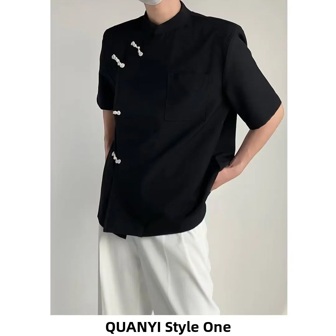 

New Chinese Sle Men's Ice Silk irt with Button ort Sve Original National Sle Summer High-End Feeling Coat Zhonga...