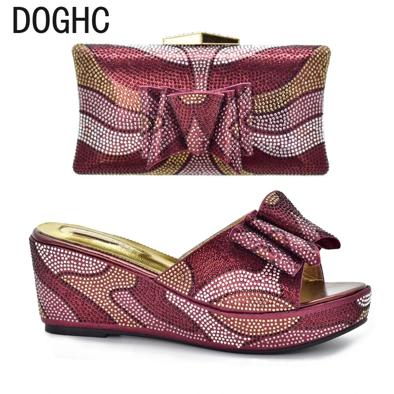 

Fashion African Matching Shoes and Bags for Party Nigerian Wedges Shoes for Women Wedding Italian Shoes Bag Set with Rhinestone