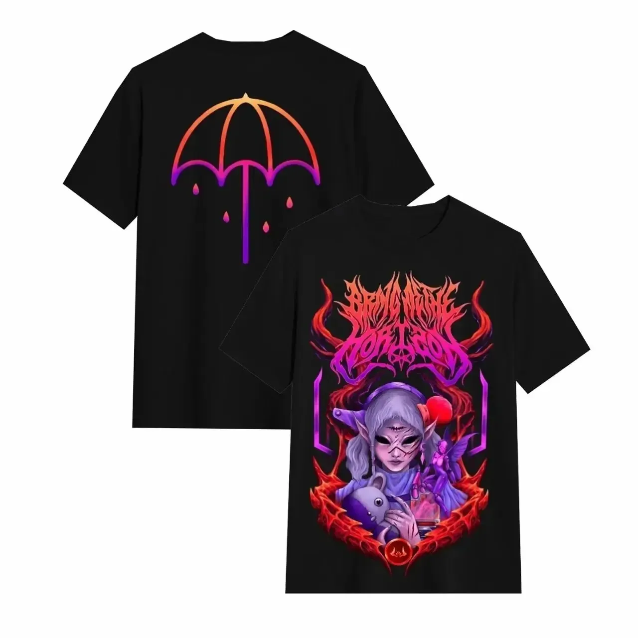 Double-Sided Black Short-Sleeve T-Shirt – Front Detailed Dark Anime Elf Character Illustration with Red-Purple Gradient Flames