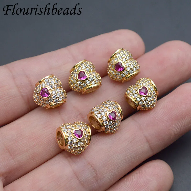 10pc 10mm 18k Gold Plated Garnet Color CZ Heart Shape Big Hole Metal Spacer Beads for DIY Bracelet Jewelry Making