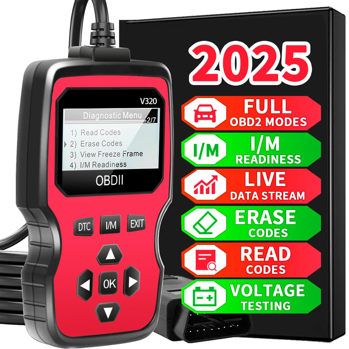 Obd2 Diagnostic Scanner Tool - Engine Fault Code Reader, with Real-Time Data Stream, Battery Test, and Code Erase