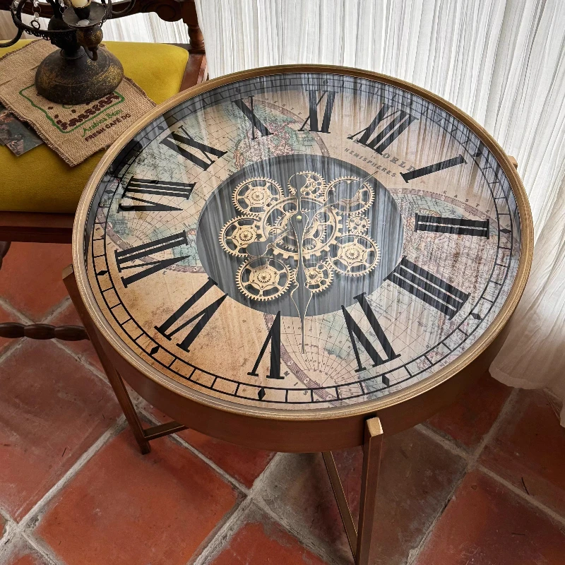 American Retro Gear Clock Side Table Light Luxury Design High-End Small Coffee Table for Living Room Sofa Stylish Home Furniture