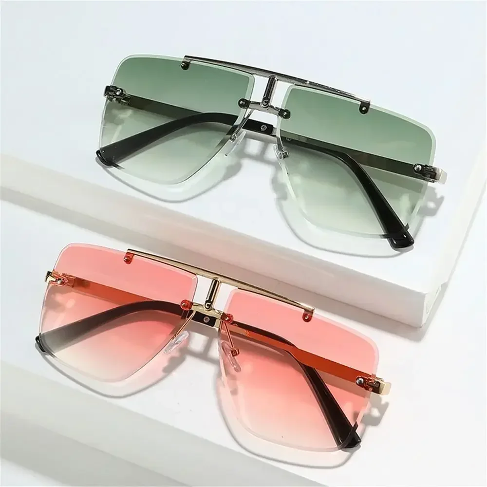 

Vintage Double Bridge Sunglasses Oversized Men's Shades Rimless Street Shooting Eyewear Square Frame Gradient Lens Sun Glasses