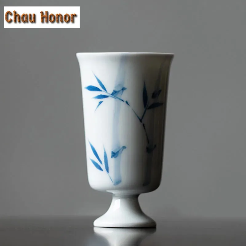2pc/Set 40ml Pure Handpainted Green Bamboo High Foot Tea Cup Household White Porcelain Thin Tire Master Cup Single Cup Drinkware