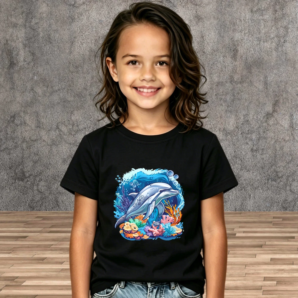 Kids Summer New T-Shirt Boys Girls Dolphins Swimming in A Vibrant Coral Reef Print Short Sleeve Ocean Creature Tops