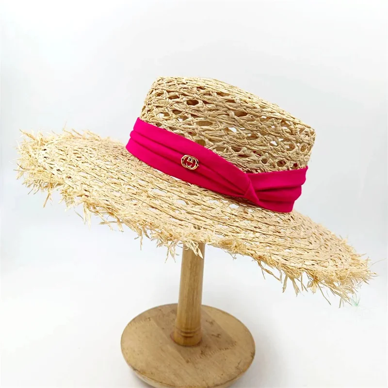 Wide brim flat top Lafite summer straw hat ribbon accessories sun hat women's hollowed out sun hat beach hat