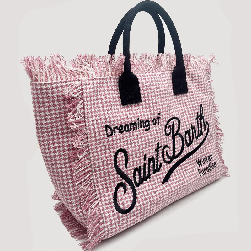 Saint Bart's new women's large capacity leisure travel pink checkered handmade tassel handbag computer bag