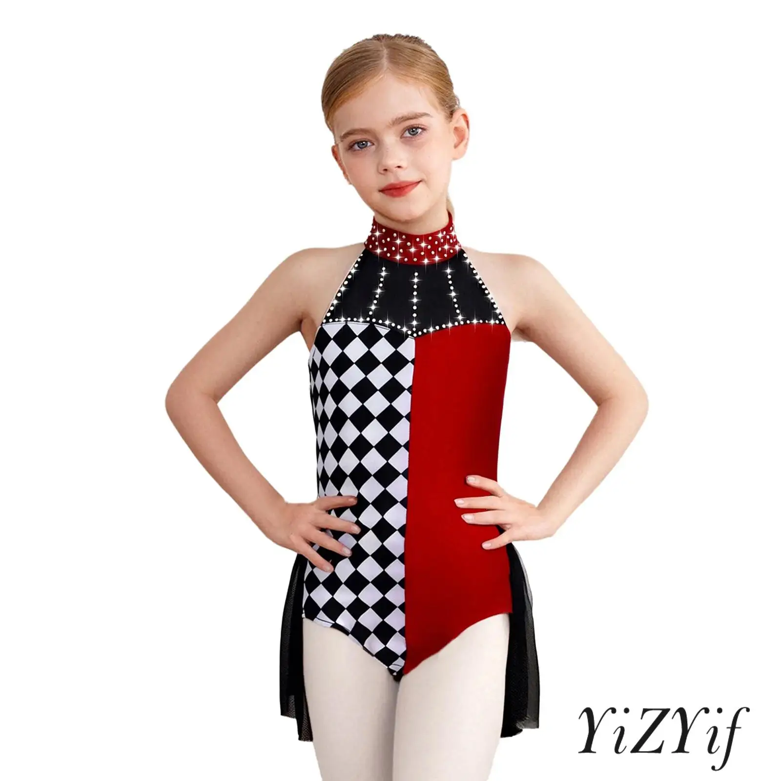 

Kids Girls Clown Costume Color Block Patchwork Rhinestone Halter Sleeveless Mesh Overlay Jumpsuit for Gymnastics Ballet Leotard