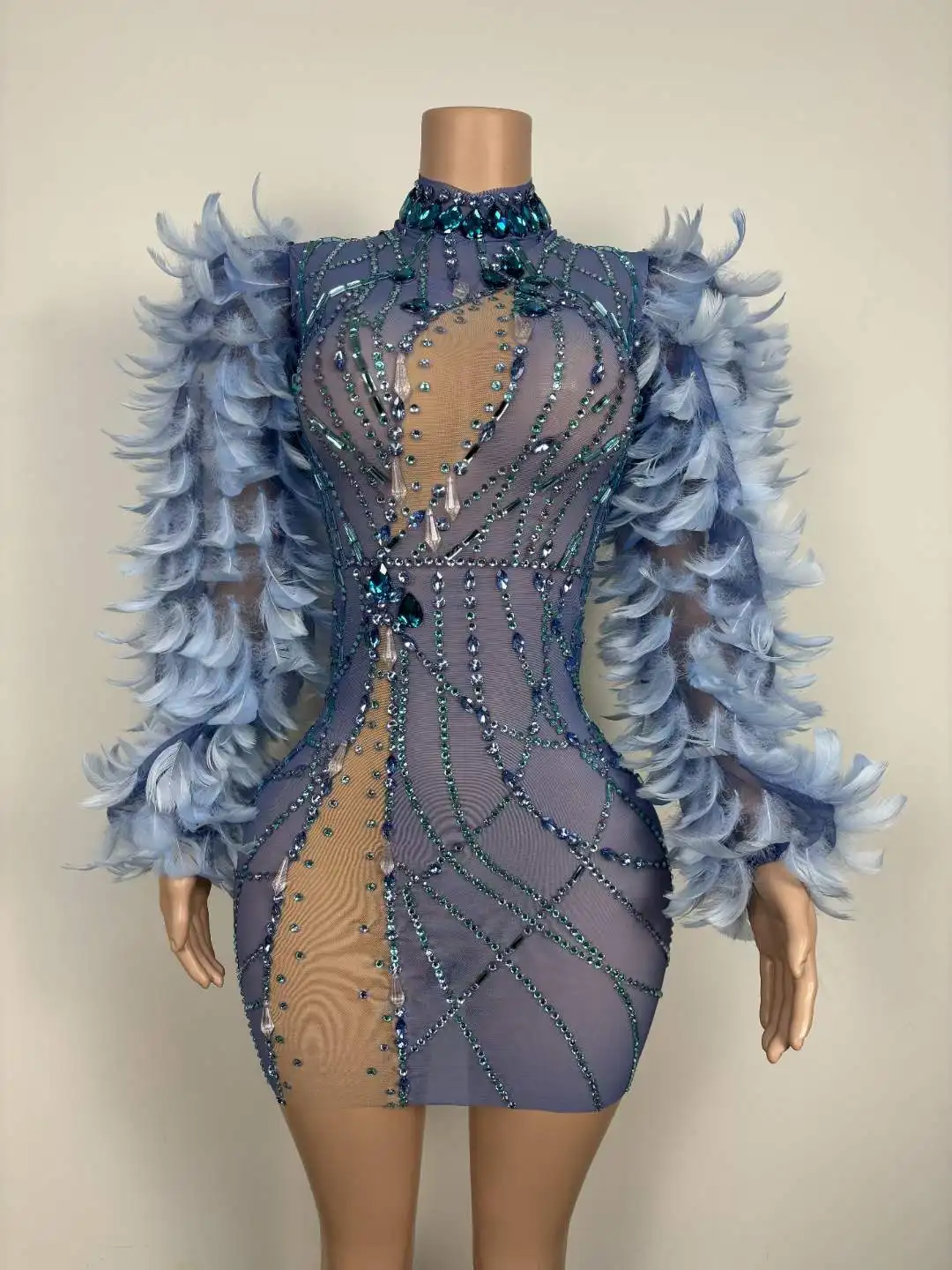 Mini Short Rhinestone Sparkly Dress Women Long Sleeve Rave Drag Queen Outfit Puff Dresses Striped Singer Stage Wear With Feather