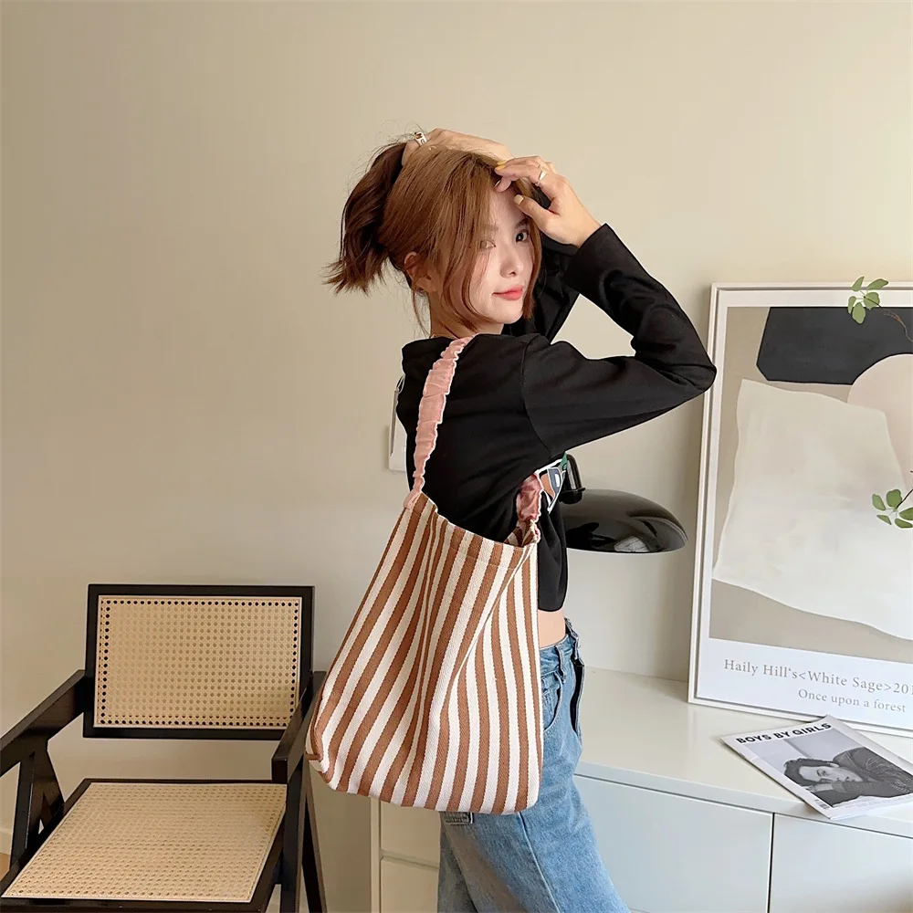 Contrast Color Women\'s Stripe Shoulder Bags Simple Canvas College Girls Book Tote Shopping Bag Casual Female Travel Handbags